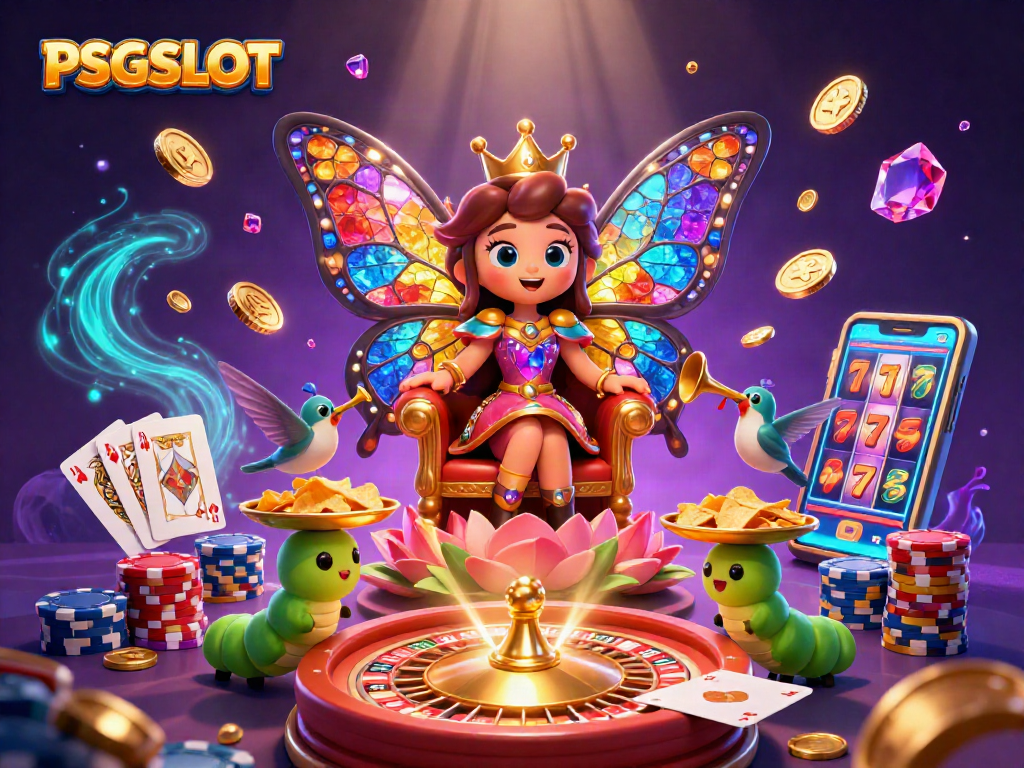 Engage with PSGSLOT's colorful butterfly queen amidst golden coins and gaming excitement.