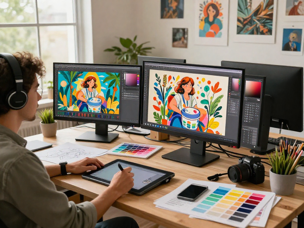Graphic designer using the paint-bucket tool to fill colors in an illustration, surrounded by a creative workspace.