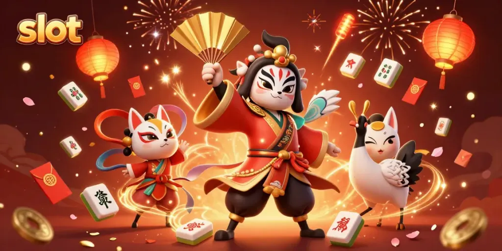 Spin for slots excitement with kabuki characters and vibrant mahjong symbols in this captivating illustration.