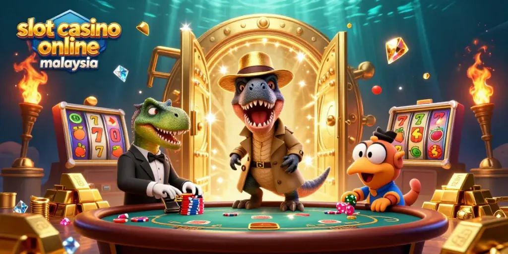 Engage at a slot casino online Malaysia with a dynamic scene showcasing a velociraptor card counter among gold treasures and slot elements.
