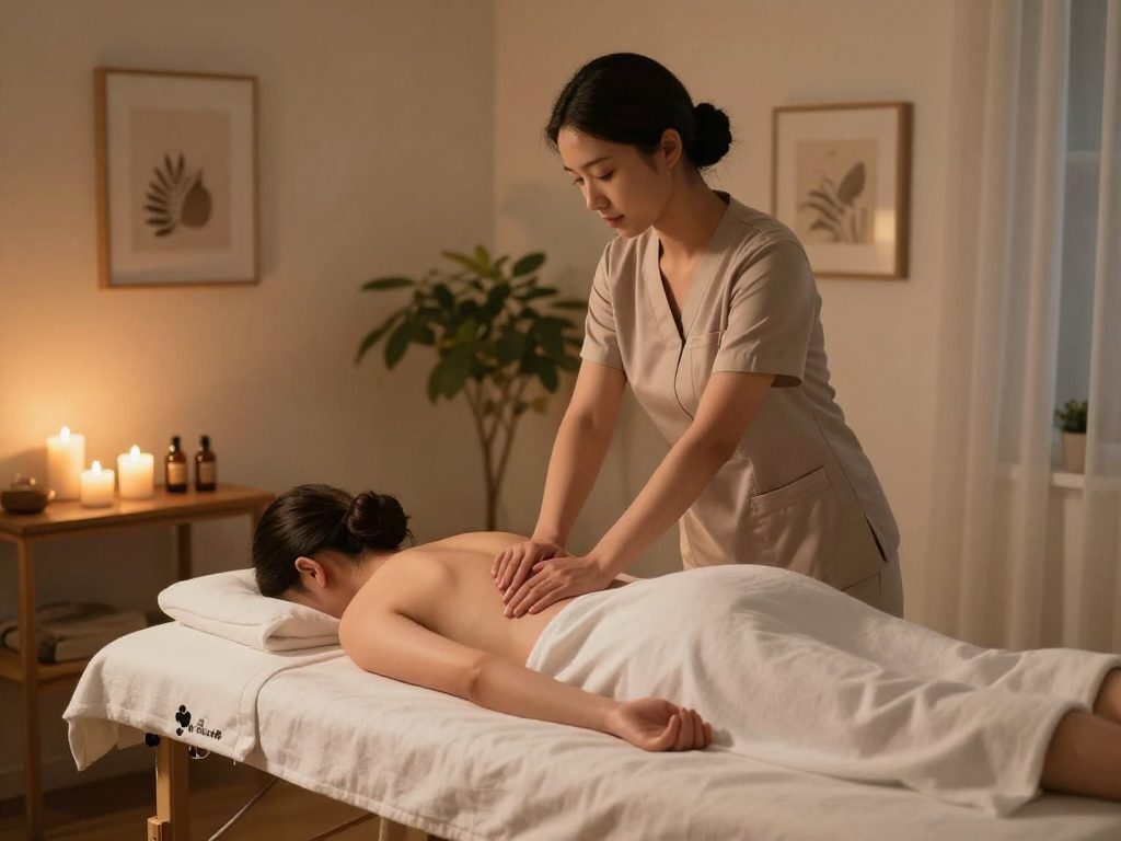 출장안마 in a serene home massage setting, featuring a therapist providing a Swedish massage with calming ambiance.