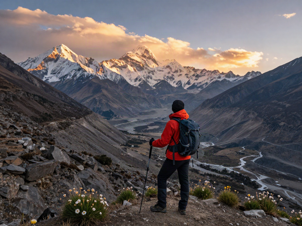 Manaslu Circuit Trek traveler enjoying breathtaking mountain views during sunset.