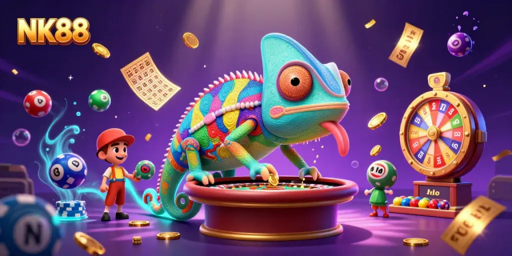 Play thrilling games with NK88 at this vibrant gaming scene filled with exciting elements and animations.