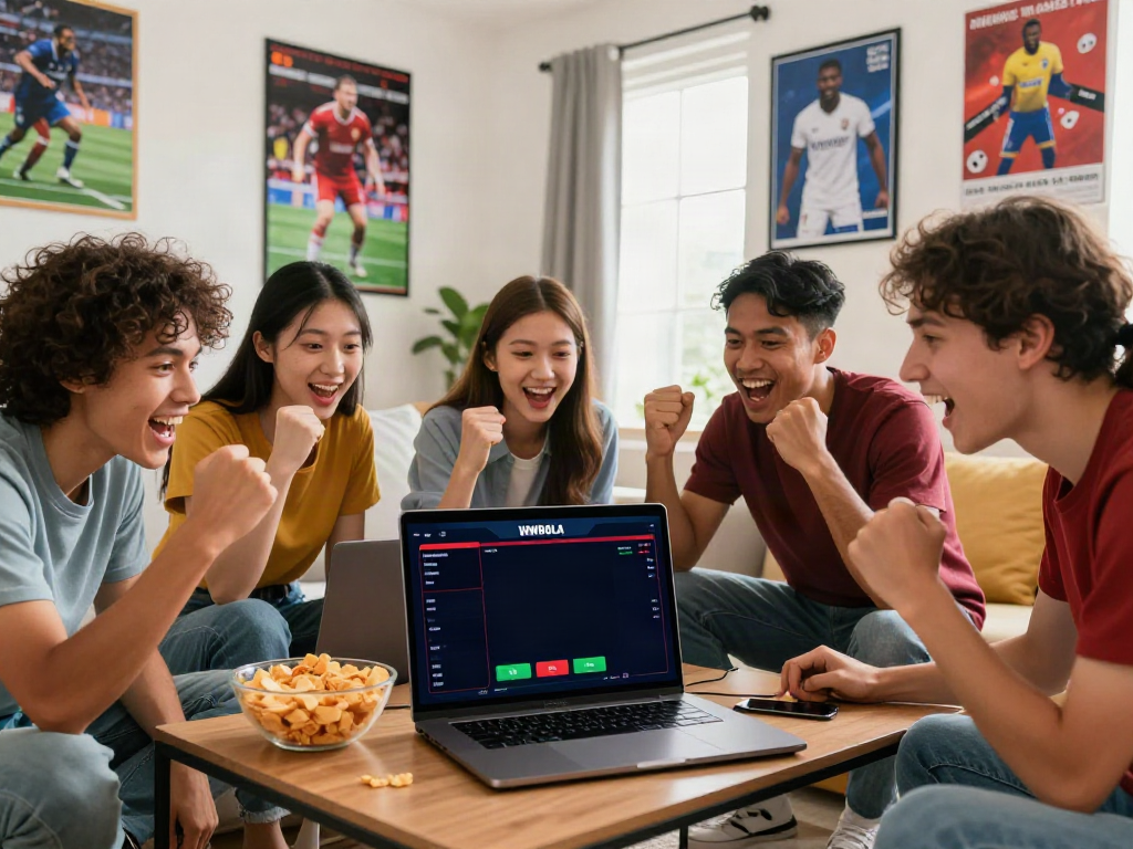 Friends enjoying sports betting on WWBOLA platform in a lively room