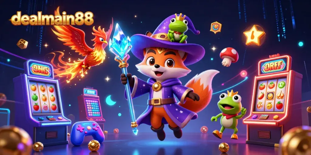 Engage with dealmain88 through an eye-catching 3D illustration featuring magical characters and vibrant slot machines.