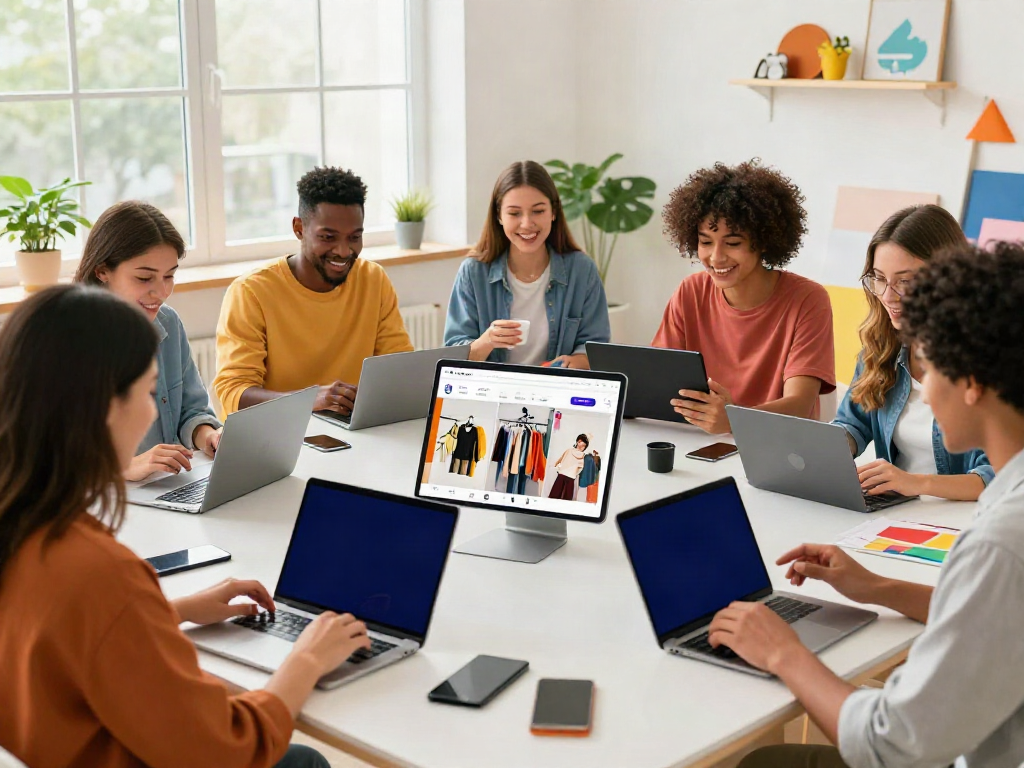 Group of friends exploring rokok88's trendy merchandise online in a modern workspace.
