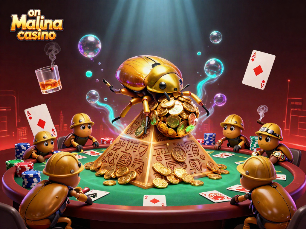 Engage in excitement on Malina casino with a vibrant scene featuring a golden beetle and poker elements.