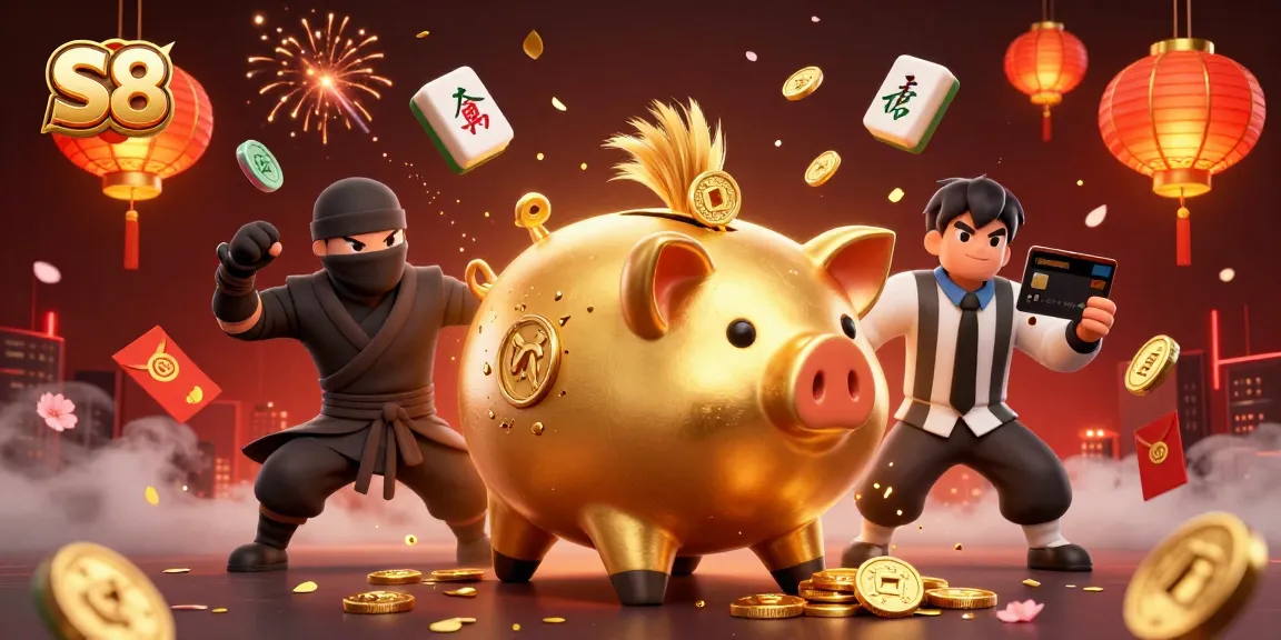 S8 enhances your gaming strategy as the golden piggy bank sumo wrestler interacts with vibrant casino elements.