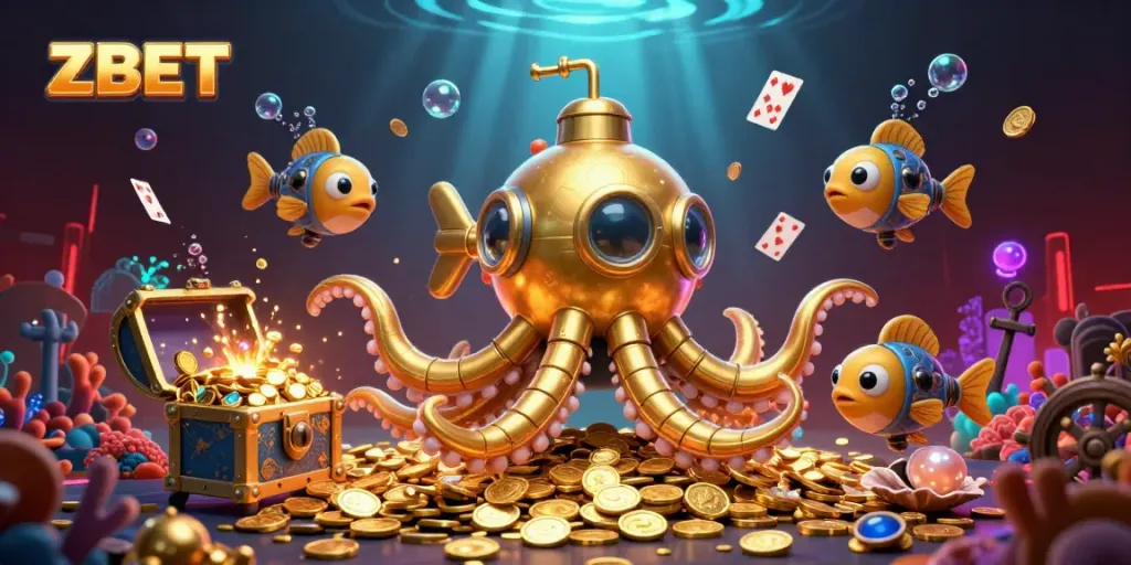 Experience the thrilling underwater adventure with ZBET, featuring a golden kraken submarine and treasure-filled scene.