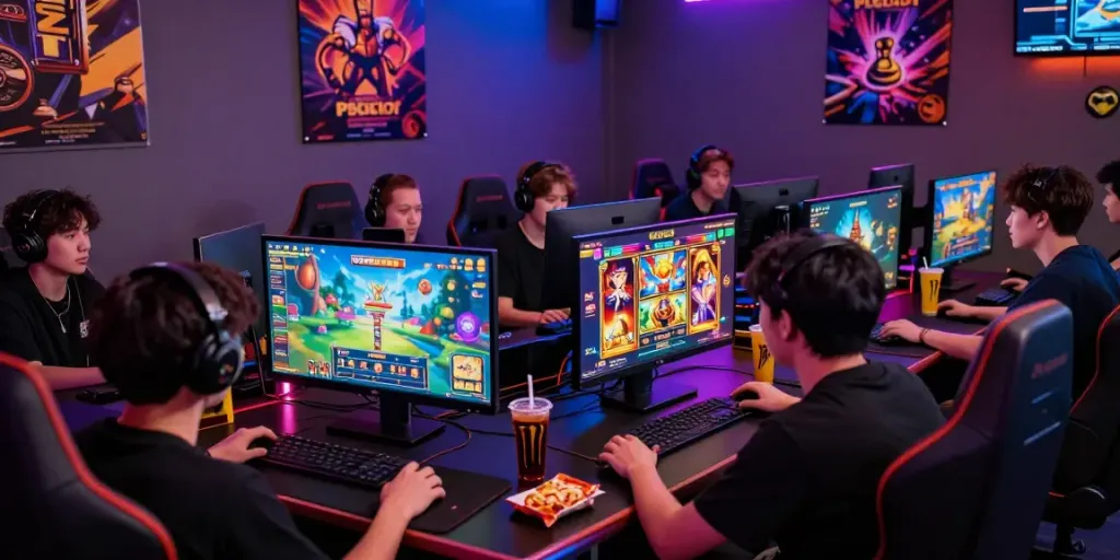 Engaged gamers enjoying PSGSLOT with vibrant graphics and snacks in an immersive gaming setup.