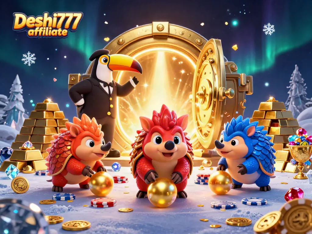 Experience the Deshi777 affiliate program with vibrant pangolins playing amidst poker chips and treasures.
