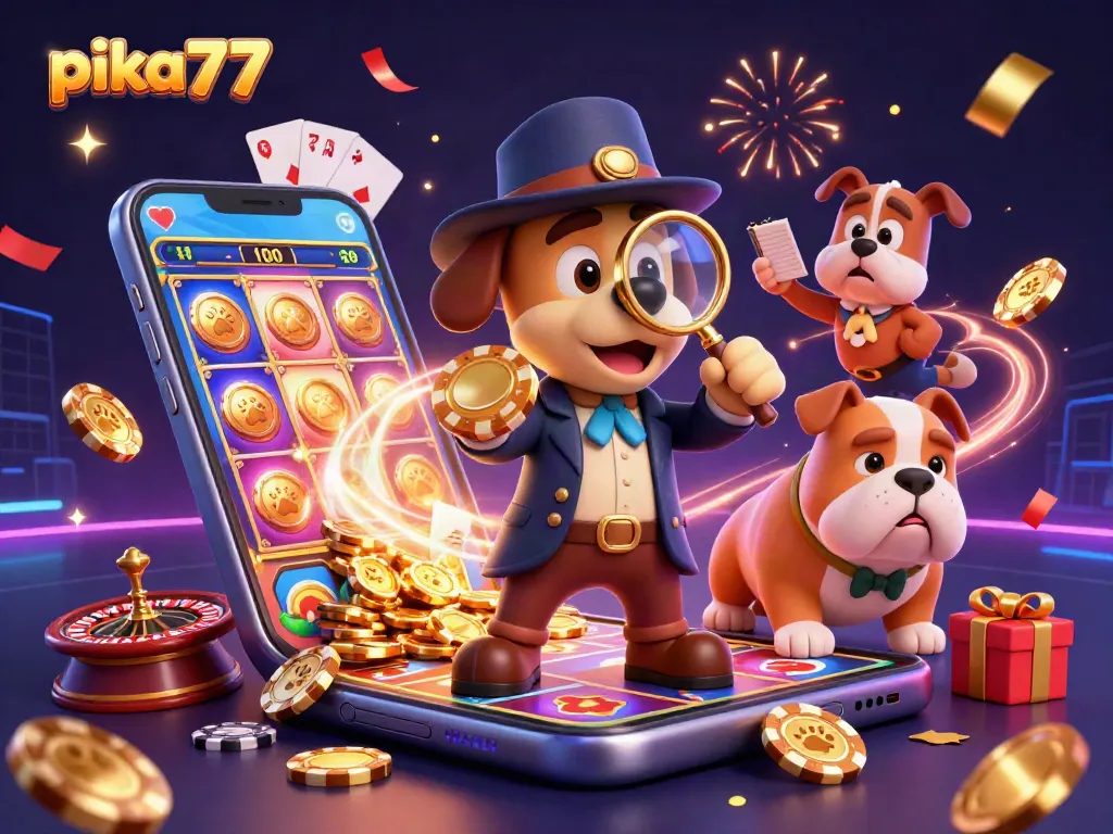 Pika77 brings luck to players with a detective-themed 3D illustration showcasing vibrant gambling elements.
