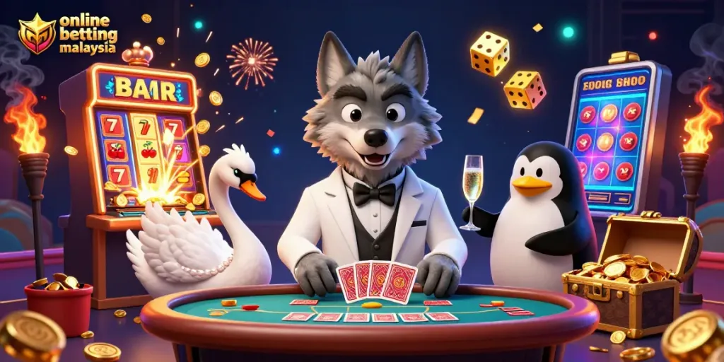 Engage in online betting Malaysia with a lively scene featuring a debonair wolf and friends at a baccarat table.