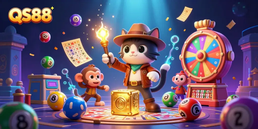 Engage in QS88's vibrant gaming world with an archaeologist cat and a monkey discovering a casino treasure.