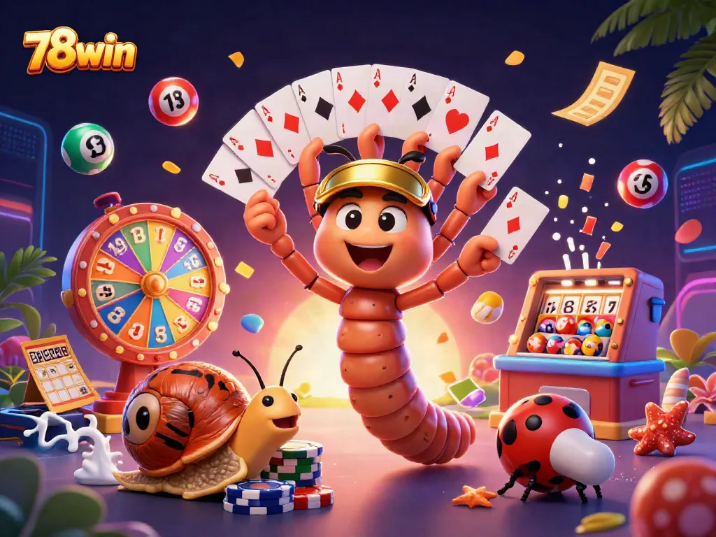 Engage with 78win through vibrant lottery balls and colorful gaming elements in a festive casino scene.