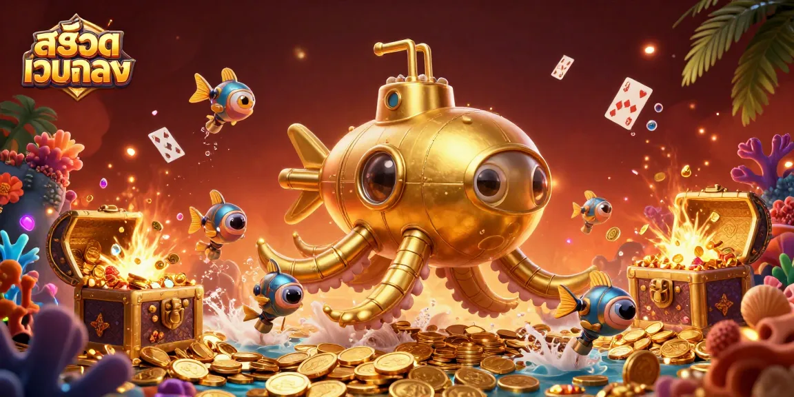 Experience thrilling adventures with สล็อตเว็บตรง featuring a golden kraken and mechanical fish in a dynamic casino scene.