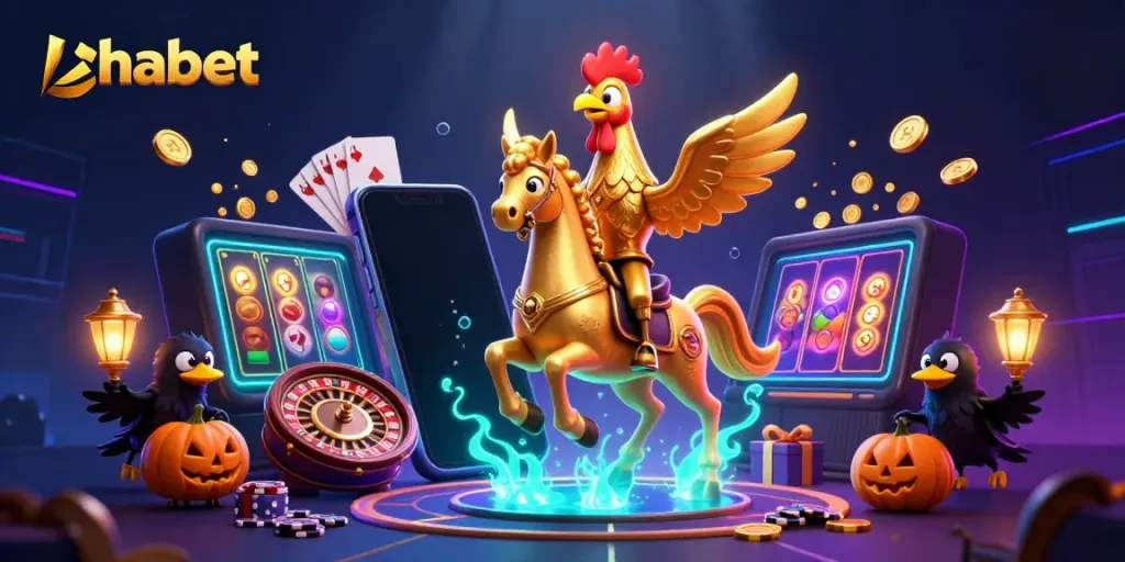 Experience thabet in a thrilling casino scene featuring a golden rooster and crow companions amidst vibrant slot games.