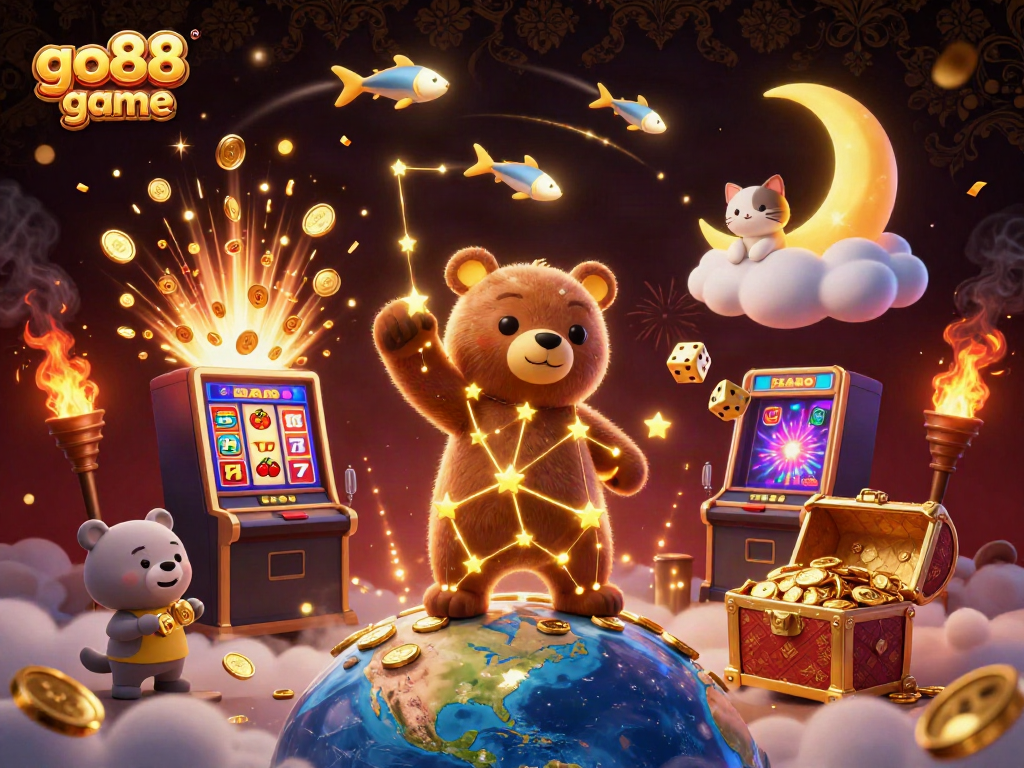 Engage with the go88 game experience through vibrant 3D illustration of slot machines and playful characters.