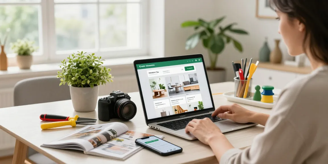 On the website poshuk.info, a user explores home improvement services, showcasing a stylish living environment with modern decor.