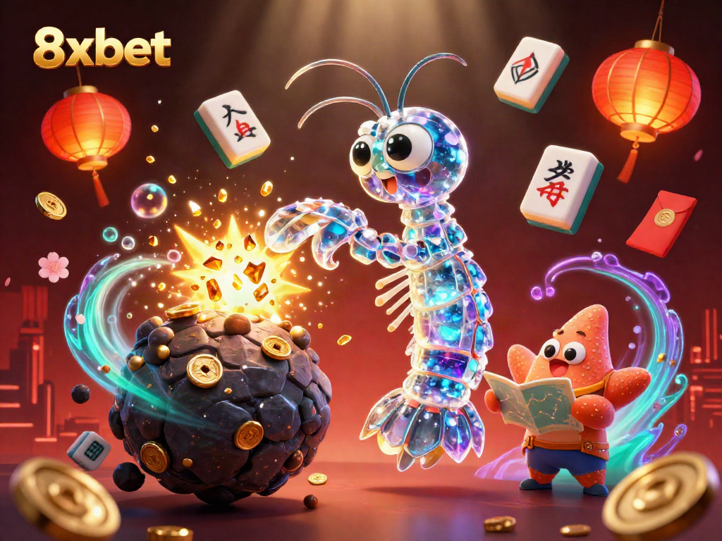 Experience the thrill of 8xbet with vibrant visuals of a galactic shrimp character amidst a dynamic casino theme.