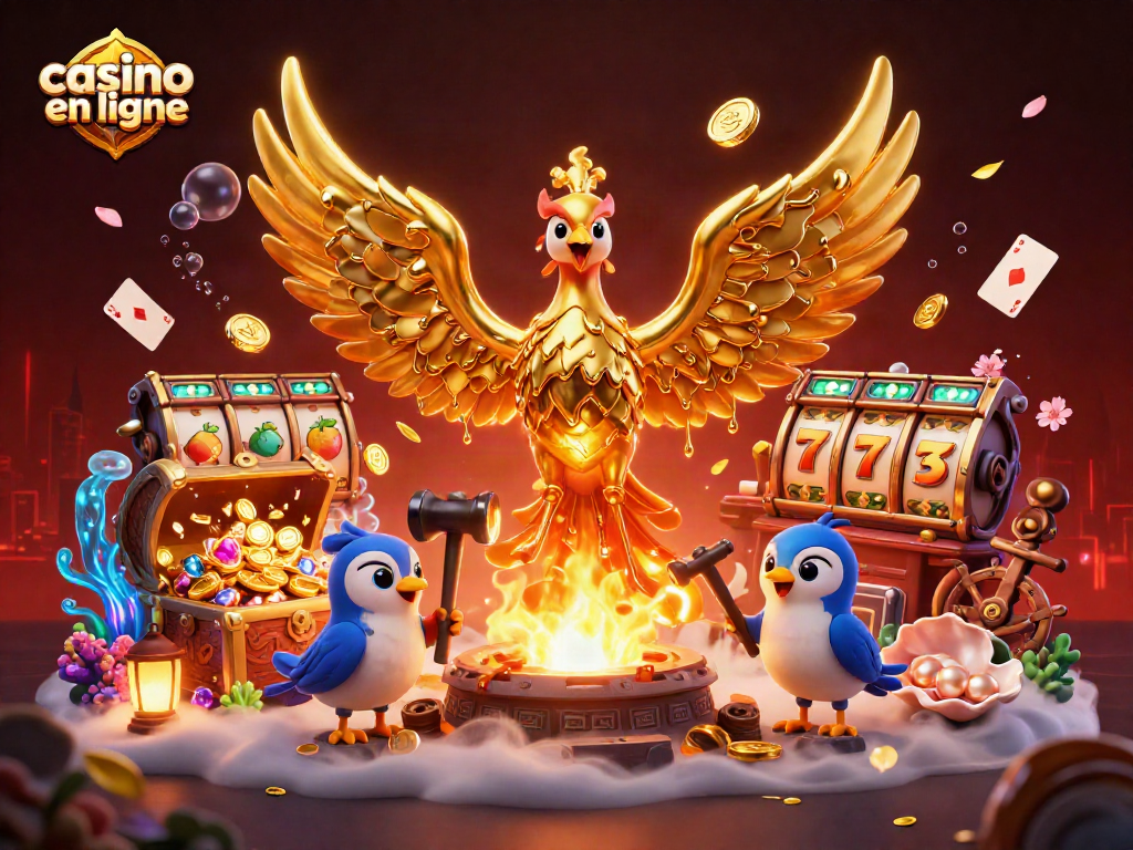Jouez à casino en ligne avec un phoenix doré entouré de machines à sous et de trésors sous-marins.