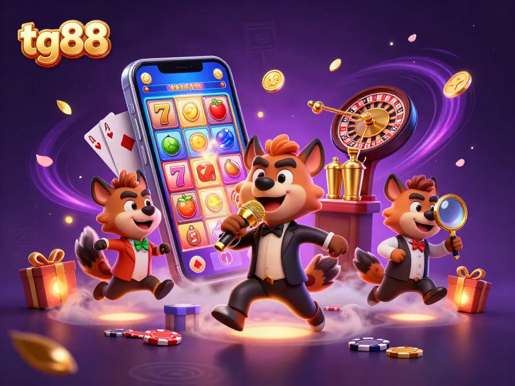 Engage in thrilling slot games with tg88 at a vibrant comedy casino scene featuring hyenas.