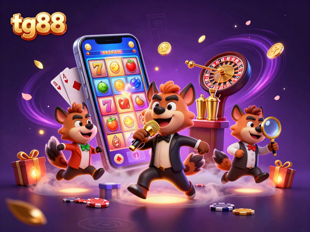 Engage in thrilling slot games with tg88 at a vibrant comedy casino scene featuring hyenas.