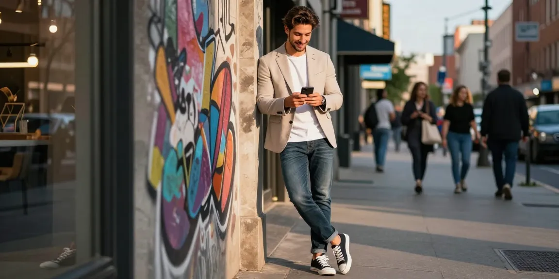 Stijlvolle casual heren kleding in een bruisende stadsomgeving met moderne outfit.