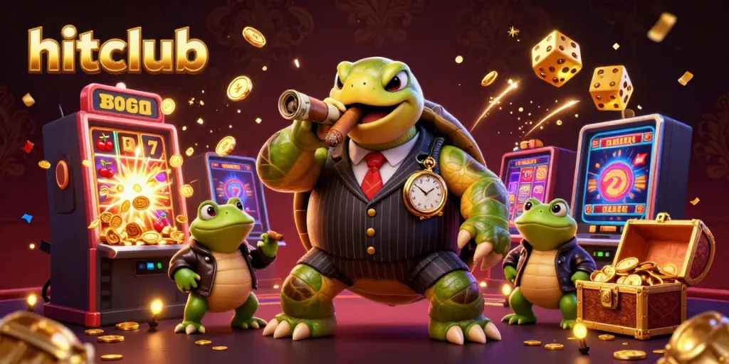 Experience hitclub excitement with a 3D cartoon scene featuring a snapping turtle mobster, casino elements, and jackpot actions.