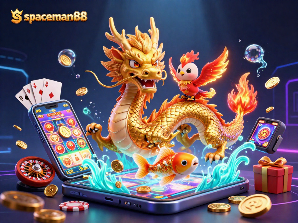 Spin to win with spaceman88: a vibrant 3D scene showcasing dynamic casino elements and lucky symbols.