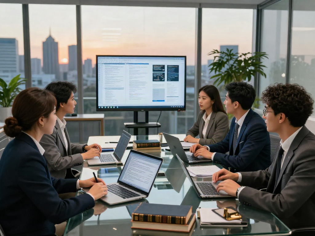 Lead Roedl team collaborating in a modern consulting office, showcasing professional legal advisory.