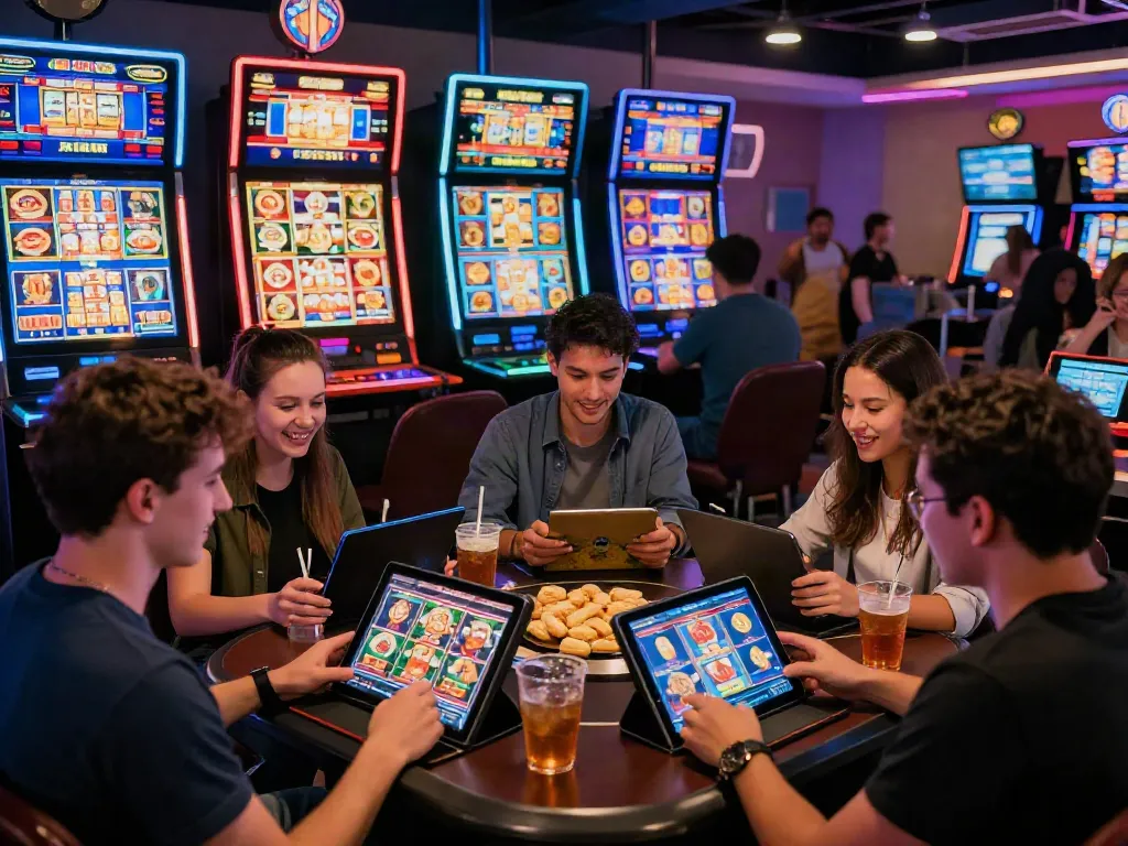 Group enjoying diverse slot games in a vibrant online casino setting.