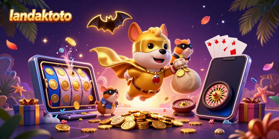 Melihat landaktoto, anjing superhero terbang membawa koin emas di dunia kasino digital.