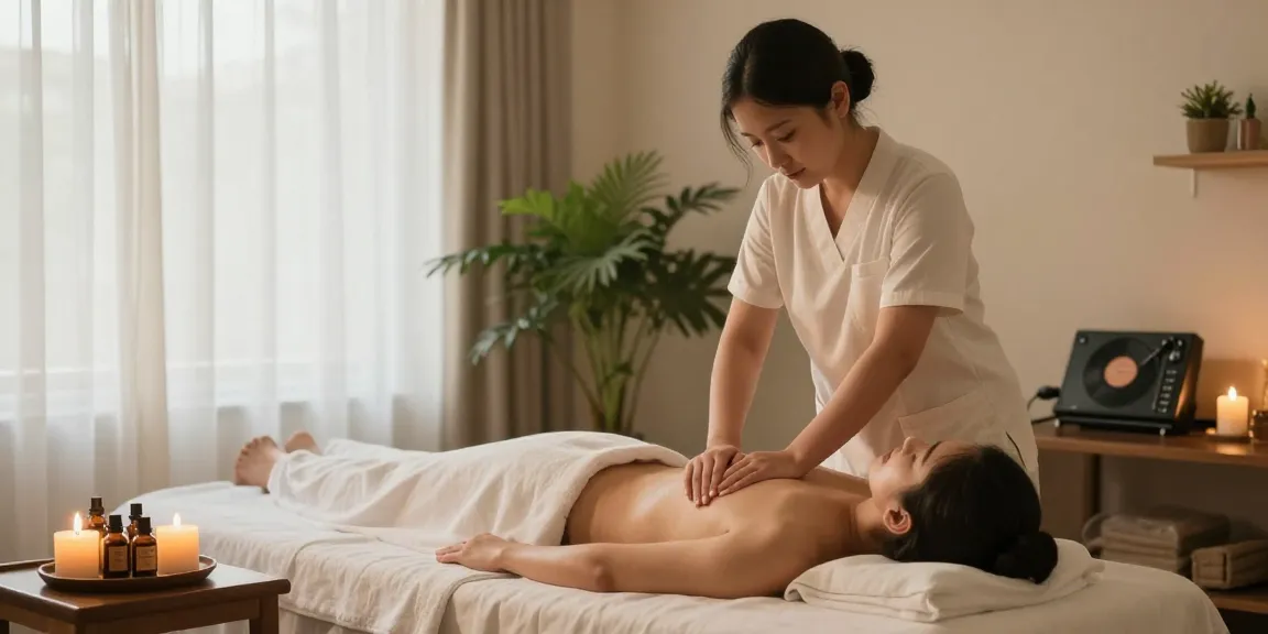 Swedish massage experience with a therapist using soothing techniques in a room filled with candles and plants.