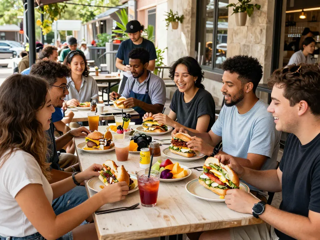 Best breakfast Austin with friends enjoying NYC-inspired sandwiches outdoors