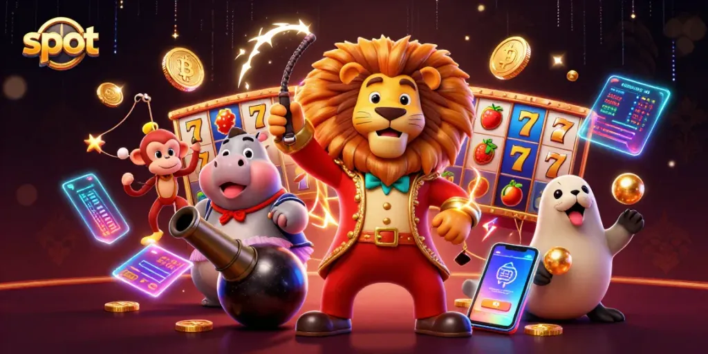 Engage with slots through vibrant 3D characters and gaming icons in a dynamic casino illustration.
