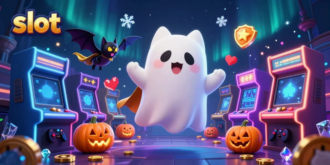 Slot menampilkan kucing hantu ramah di kasino, bat vampire, dan labu nyala dikelilingi mesin permainan 3D.