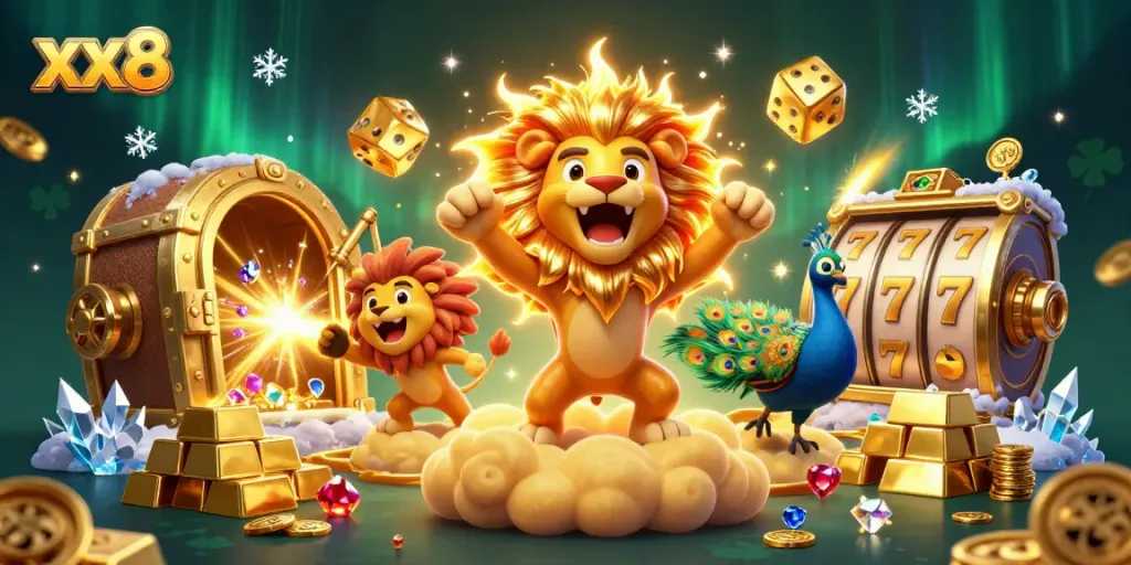 Experience the thrill of xx8 as the sun lion roars among golden treasures and spinning slot reels.