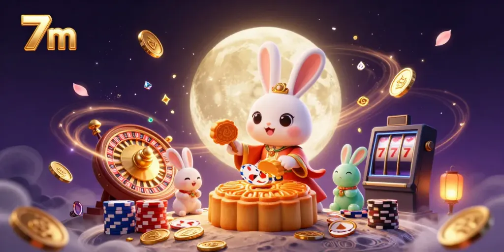 Experience the thrill of 7m with lively scenes of casino gaming illustrated with a moon rabbit and poker chips.