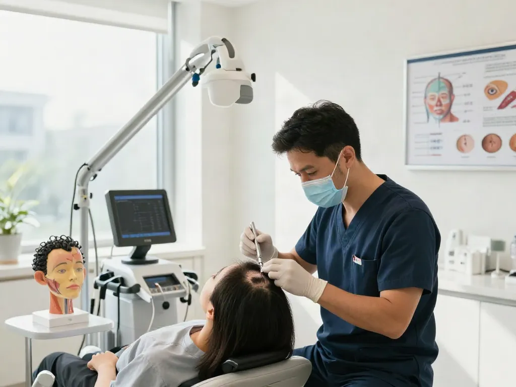 Hair transplant consultation in a modern clinic with a surgeon demonstrating techniques.