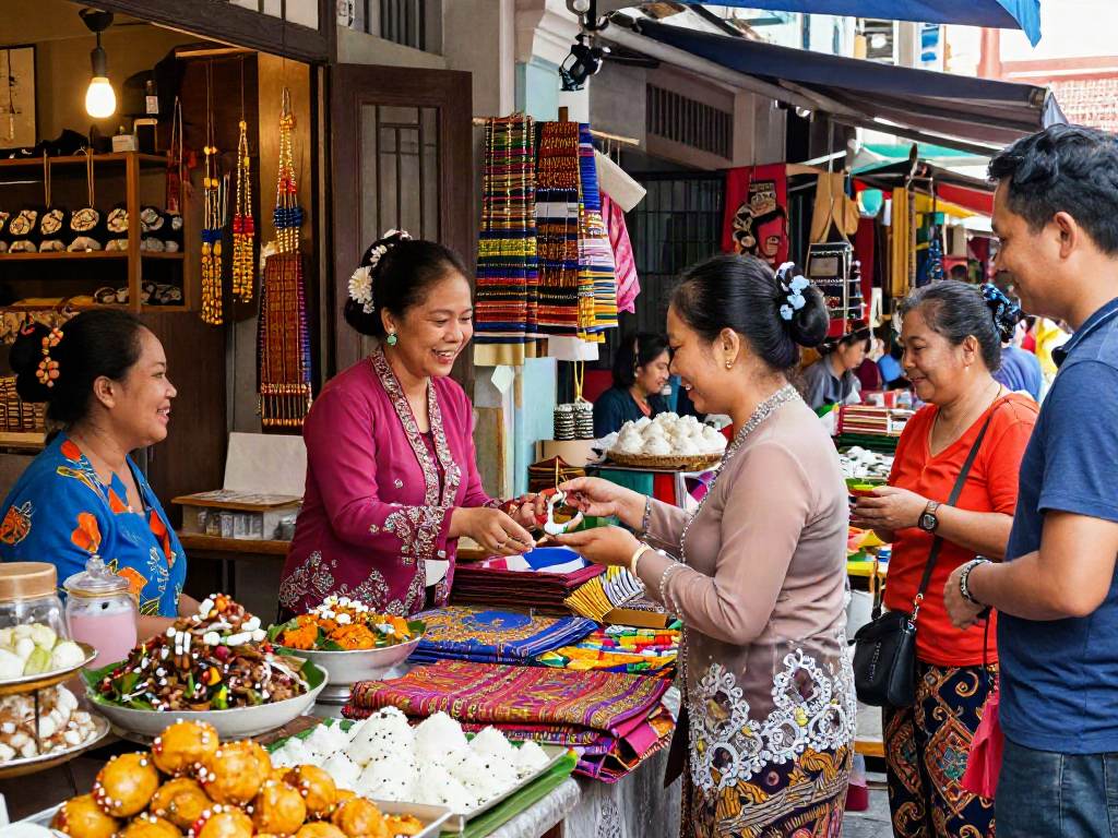 Nyonya4d cultural market scene showcasing traditional Peranakan attire and local delicacies.