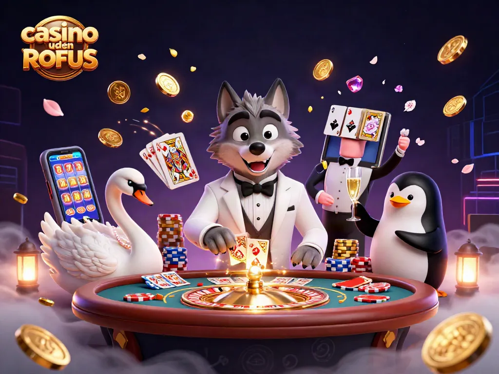 Engage with casino uden ROFUS gameplay in a lively scene featuring a debonair wolf, elegant swan, and a penguin sommelier.