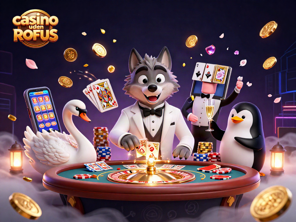 Engage with casino uden ROFUS gameplay in a lively scene featuring a debonair wolf, elegant swan, and a penguin sommelier.