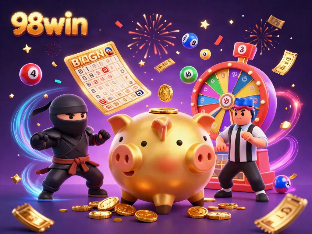 Enjoy thrilling gaming action with 98win's exciting piggy bank character showering golden coins!