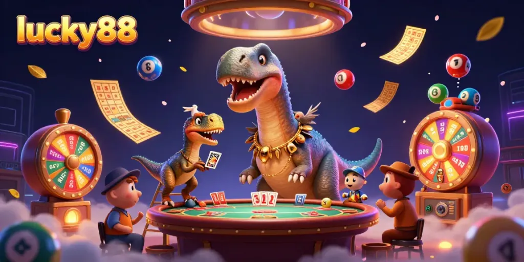 Experience thrilling gameplay at lucky88 with a whimsical casino illustration filled with excitement and vibrant elements.