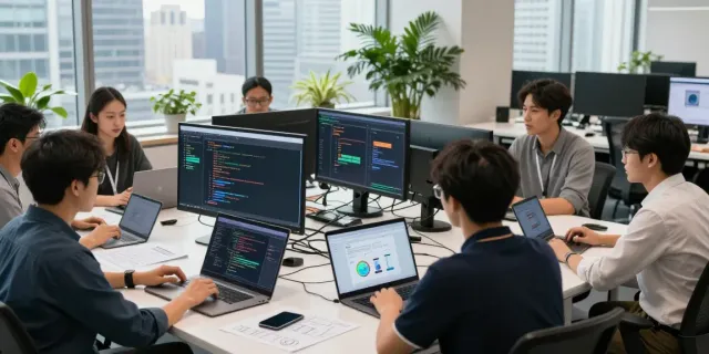 Developers engaging in uncensored AI chat discussions in a vibrant workspace.