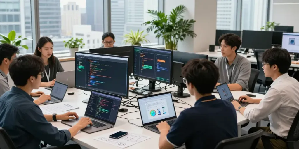 Developers engaging in uncensored AI chat discussions in a vibrant workspace.