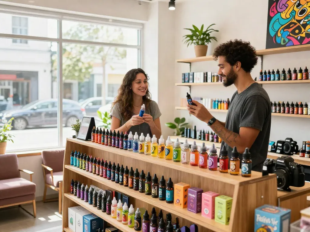 Vibrant vape shop displaying a wide variety of vape e liquids and a customer interacting with a salesperson, enhancing retail experience.