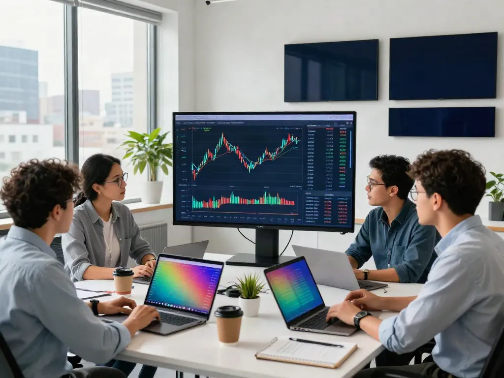 Team of analysts discussing financial trends from FintechZoom.com in a modern office.