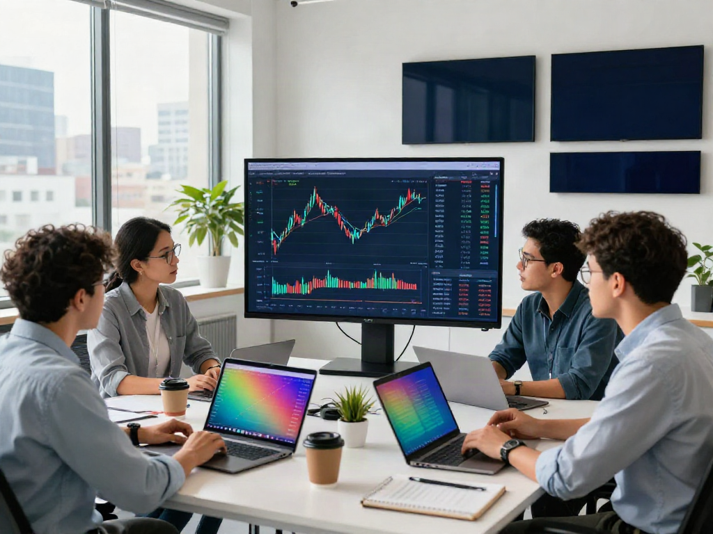 Team of analysts discussing financial trends from FintechZoom.com in a modern office.